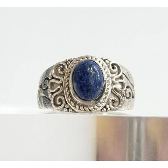 Lapis Lazuli Oval Cut Gemstone Art Nouveau Sterling Silver Vintage Ring sz 8.75 - Picture 1 of 10